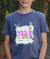 Navy-blue T-shirt with “Pre-K” DTF transfer design featuring big pink letters in a tied frame with cute school icons like rainbow, scissors, books, and pumpkin.