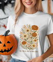 White T-shirt with “Fall Breeze and Autumn Leaves” DTF transfer design featuring a vintage-style floral bouquet in warm fall colors.