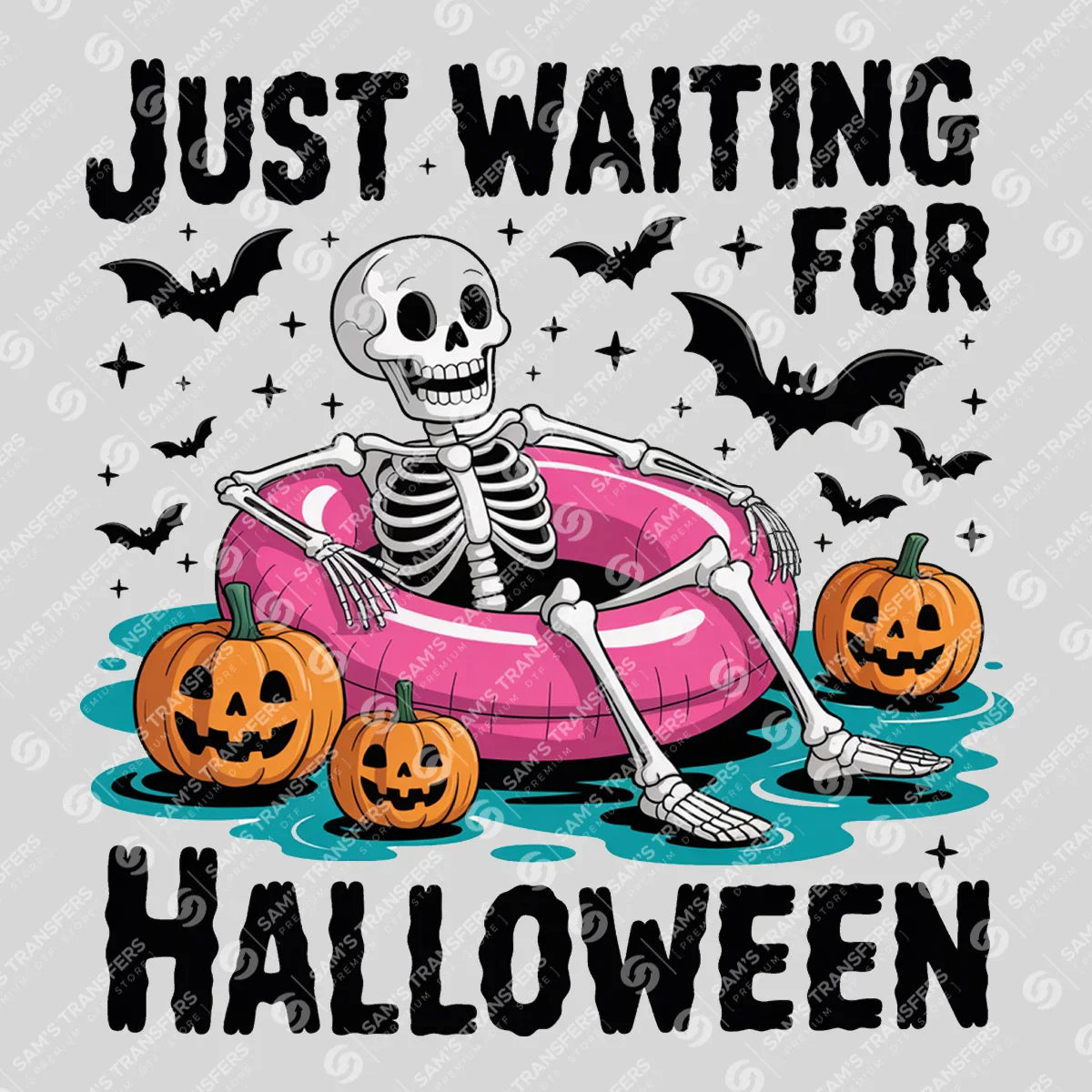 Just Waiting for Halloween – Skeleton Pool Float DTF Transfer