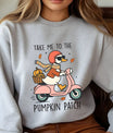 Gray sweatshirt with colorful fall-themed “Take Me to the Pumpkin Patch” DTF transfer design featuring a duck on a scooter carrying pumpkins.