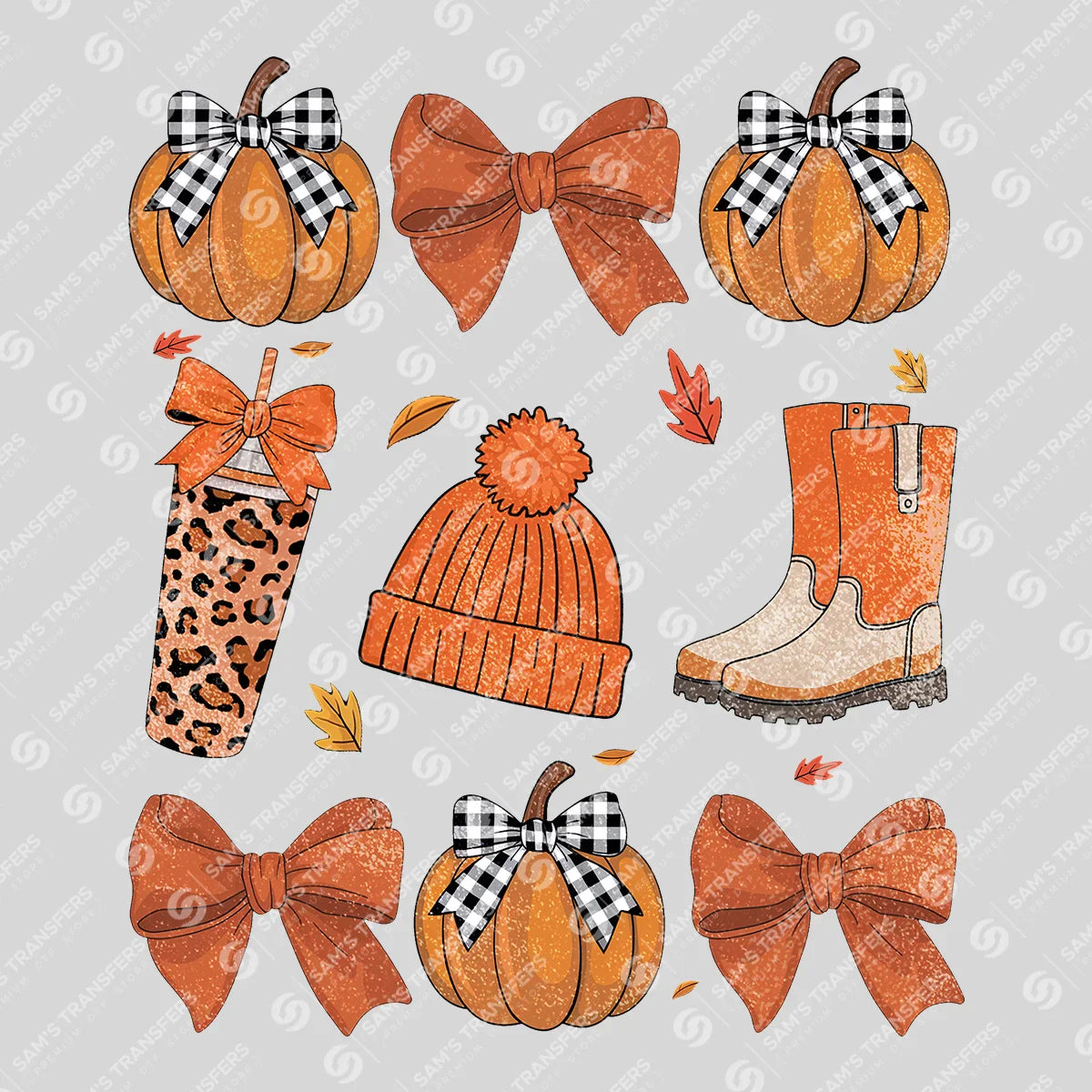 Cozy Fall Vibes – Pumpkins, Bows & Autumn Accessories DTF Transfer
