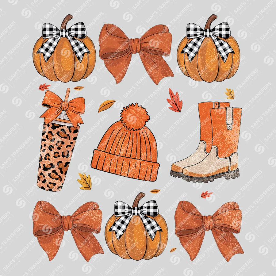 Cozy Fall Vibes – Pumpkins, Bows & Autumn Accessories DTF Transfer