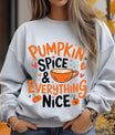 Gray sweatshirt with “Pumpkin Spice & Everything Nice” DTF transfer design featuring orange lettering, a coffee cup, hearts, and pumpkins, perfect for fall apparel.