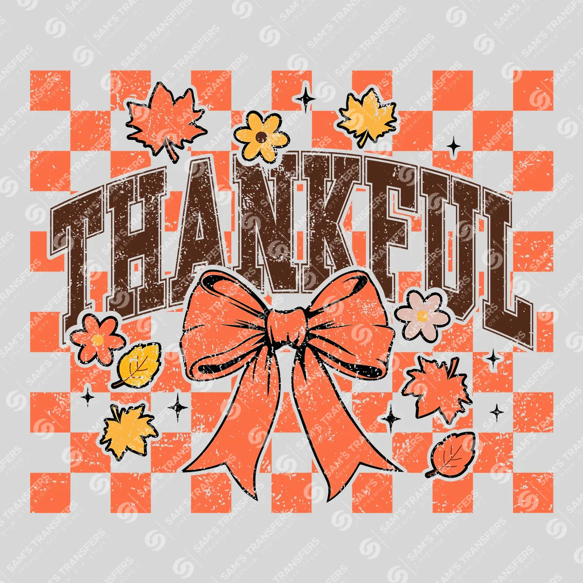Thankful – Checkered Fall Bow & Leaves DTF Transfer