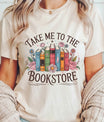 Natural color t-shirt with “Take Me to the Bookstore” DTF transfer design featuring floral-decorated vintage books—perfect for readers and book lovers.