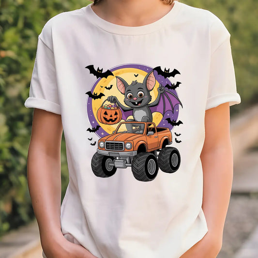 White t-shirt with colorful Halloween design featuring a cartoon bat in an orange monster truck, jack-o’-lantern candy bucket, bats, and full moon background.