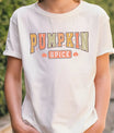White t-shirt with retro block lettering “Pumpkin Spice” in orange, green, and brown tones, accented with small pumpkins, fall-themed DTF transfer design.