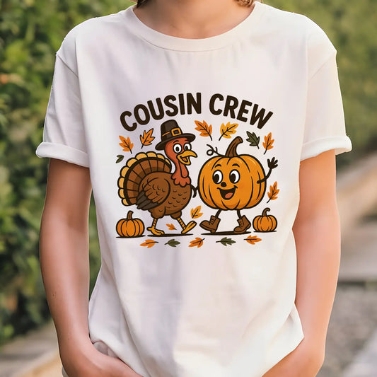 White t-shirt with Thanksgiving design featuring a cartoon turkey in a pilgrim hat and a smiling pumpkin surrounded by autumn leaves, with the text “Cousin Crew.”