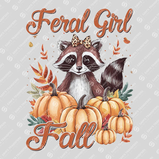 Feral Girl Fall – Raccoon & Pumpkins Autumn DTF Transfer