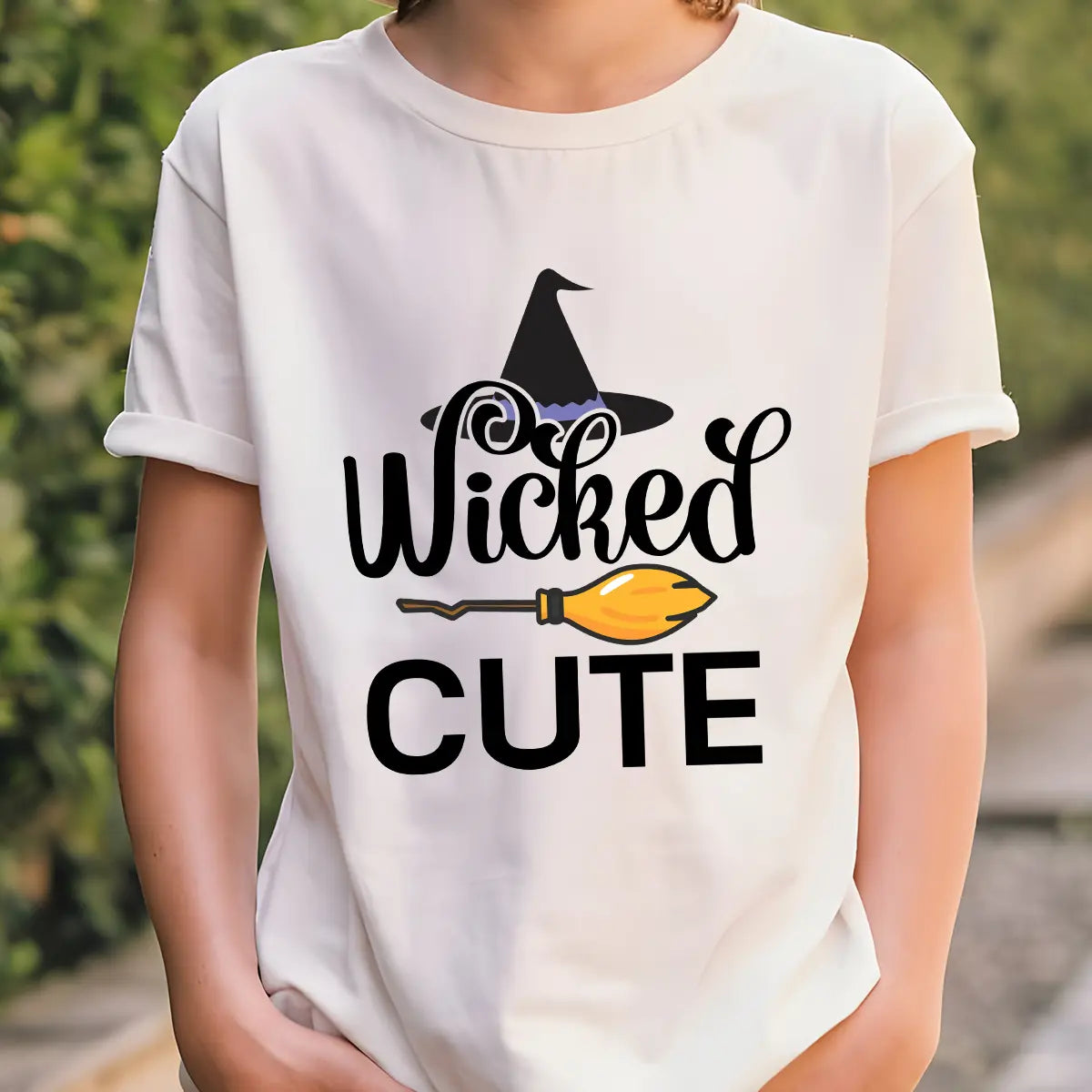 White t-shirt with Halloween design featuring black script “Wicked Cute,” a witch hat above, and a yellow broom graphic across the middle.