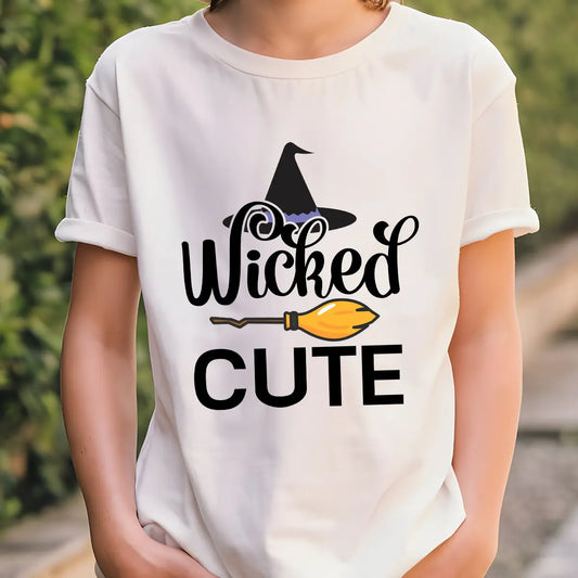 White t-shirt with Halloween design featuring black script “Wicked Cute,” a witch hat above, and a yellow broom graphic across the middle.