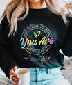 Black sweatshirt with rainbow gradient “You Are Loved Strong Important Worthy Beautiful – You Matter” DTF transfer design, featuring a heart accent, perfect for inspirational apparel.
