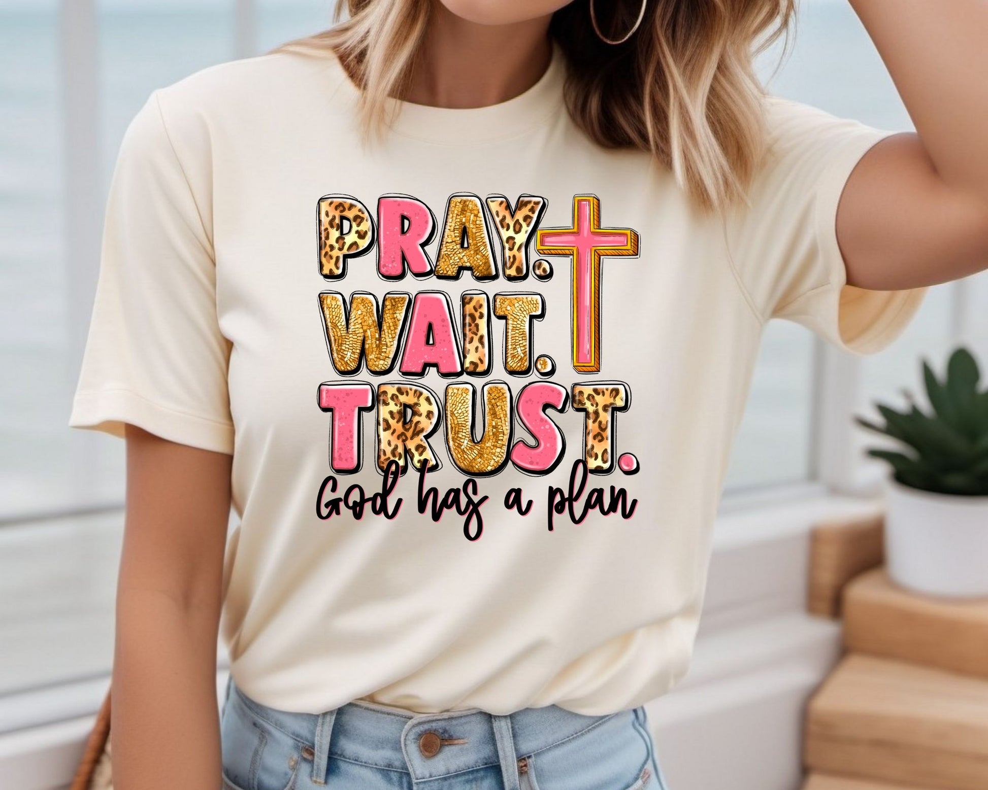 "Pray. Wait. Trust." DTF transfer featuring leopard print and a cross, emphasizing God's plan for everyone.