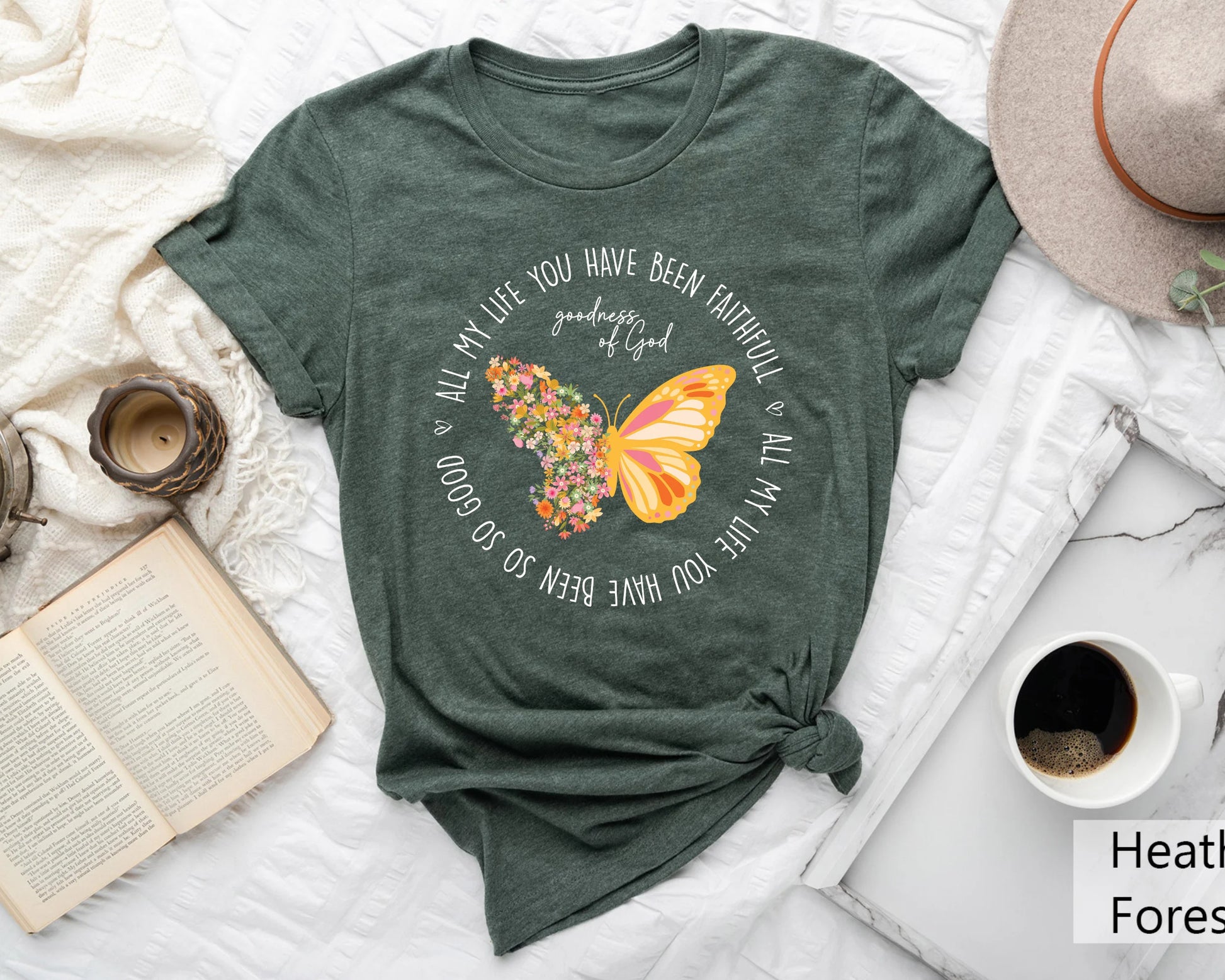 "All my life you have been faithful" with flowers and a butterfly, faith-themed DTF transfer for inspirational clothing.