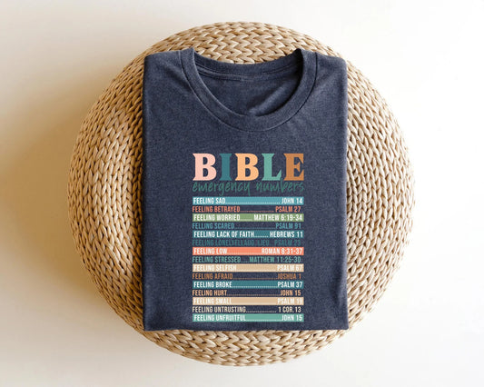 Bible Emergency Numbers shirt design featuring Bible verses for emotional support, ideal for faith-based apparel.