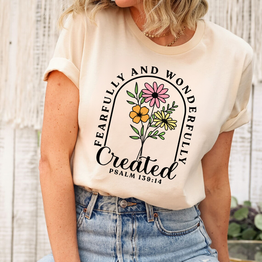 Fearfully and Wonderfully Created" floral DTF transfer, inspired by Psalm 139:14, perfect for personalizing religious apparel