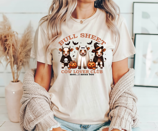 Cream t-shirt with 'Bull Sheet Cow Lover Club' DTF transfer, featuring cows in Halloween costumes