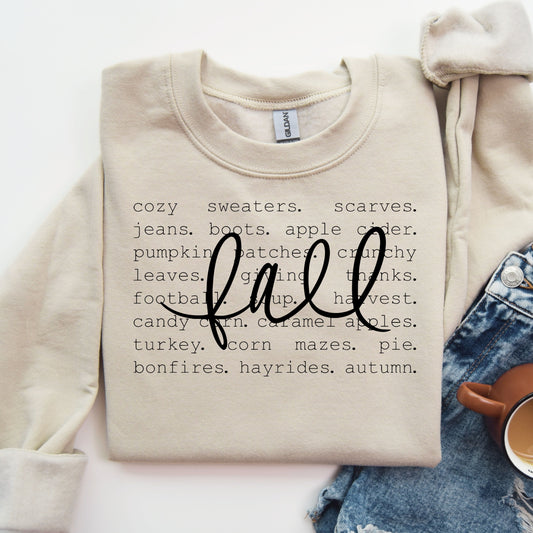 Neutral tone sweatshirt with 'Fall Checklist' DTF transfer listing autumn favorites like sweaters, scarves, and pumpkin patches