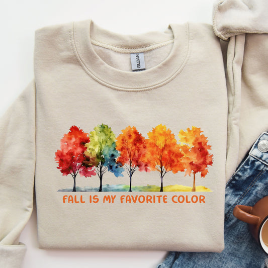 Autumn-inspired sweatshirt with vibrant watercolor trees DTF transfer stating 'Fall is My Favorite Color