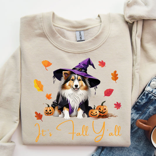 It's Fall Y'all DTF transfer with a Sheltie in a witch hat surrounded by autumn leaves and pumpkins