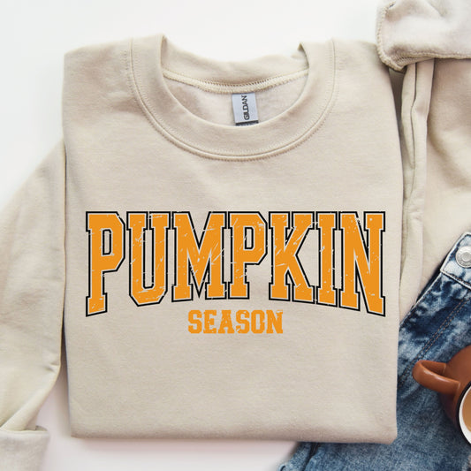 Pumpkin Season DTF transfer in bold orange text on a sweatshirt