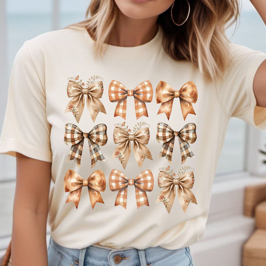 Elegant autumn bow patterns DTF transfer on a light t-shirt, perfect for seasonal fashion