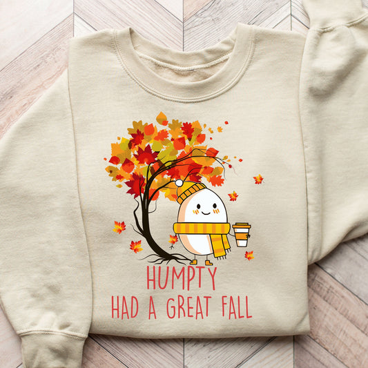 Humpty Had a Great Fall DTF transfer with a smiling egg character under a colorful autumn tree