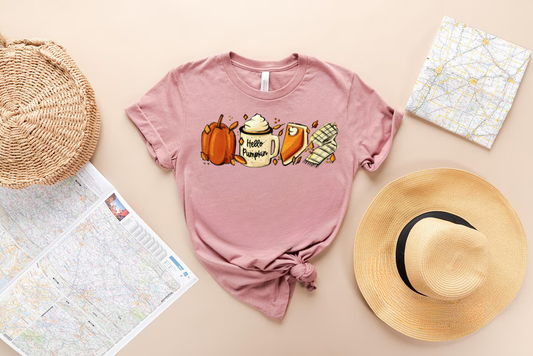 Hello Pumpkin Spice DTF transfer design on a pink t-shirt