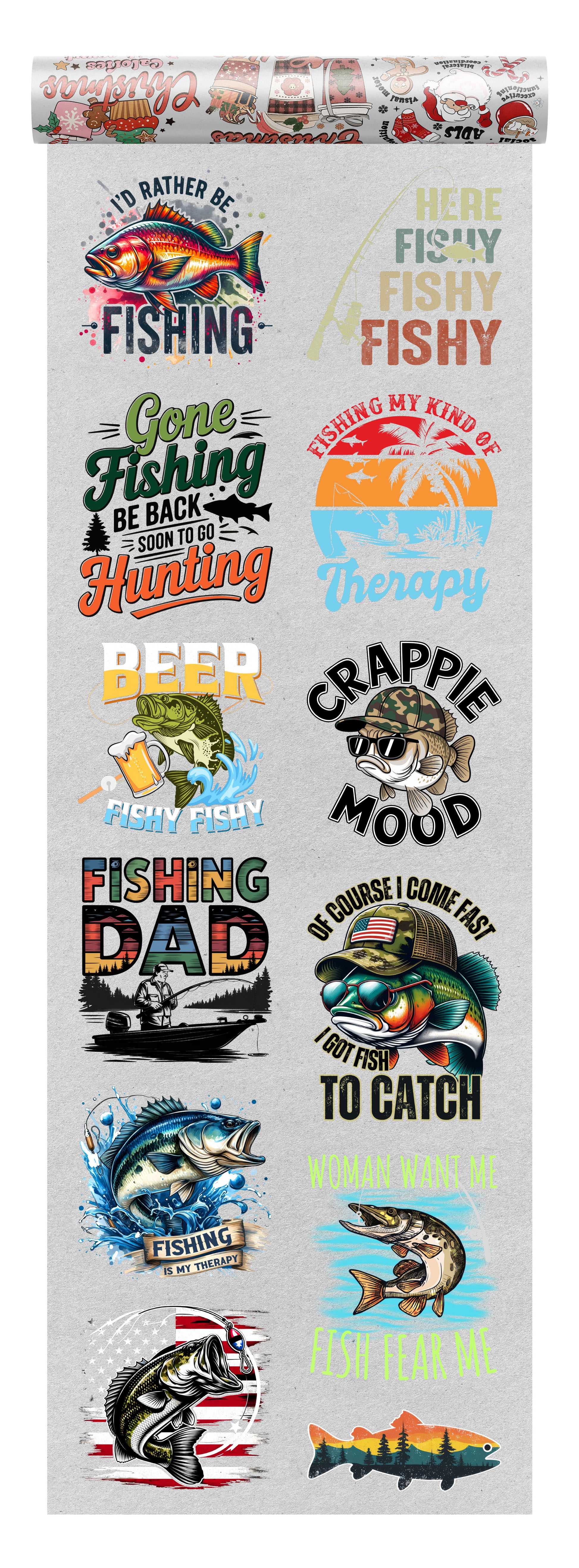 Fishing DTF heat transfer bundle featuring 12 bold and fun ready-to-press designs, including fishing quotes, fish illustrations, humorous slogans, and sportsman graphics.