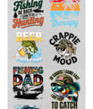 Fishing DTF heat transfer bundle featuring 12 bold and fun ready-to-press designs, including fishing quotes, fish illustrations, humorous slogans, and sportsman graphics.