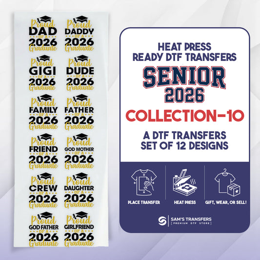 Heat press ready DTF transfers for senior 2026 with various designs on a white background.