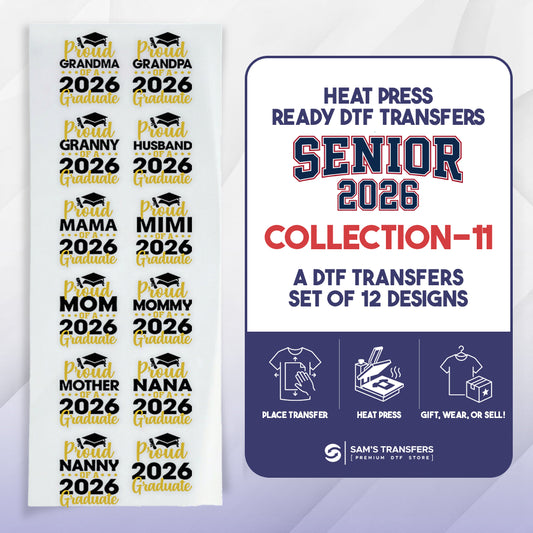 Promotional image of heat press ready DTF transfers for senior 2026 collection with various family member designs.