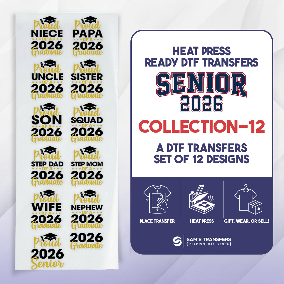 Promotional image of heat press ready DTF transfers for senior 2026 collection with text and graphics.