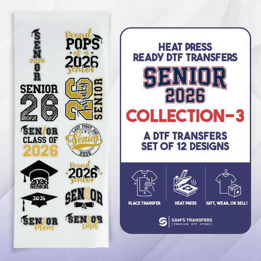 Collection of senior-themed heat press transfers with promotional text on a white background.