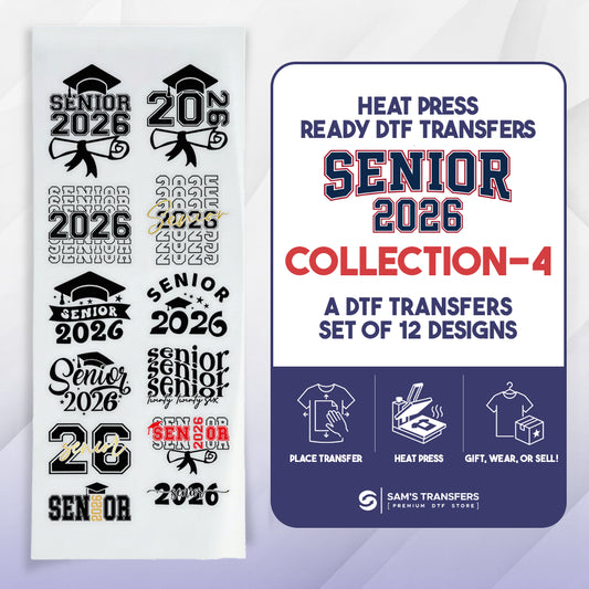 Collection of 'Senior 2026' heat press transfers with packaging on a light gray background.