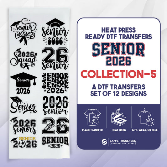Collection of 'Senior 2026' designs with text and graphics on a white background.