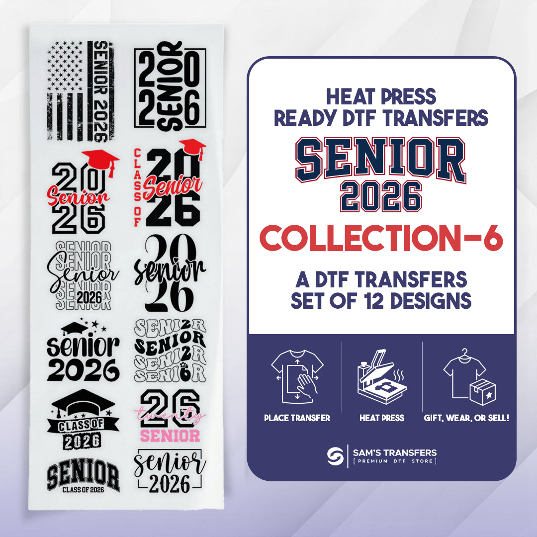 Collection of 'Senior 2026' design transfers with branding on a white background