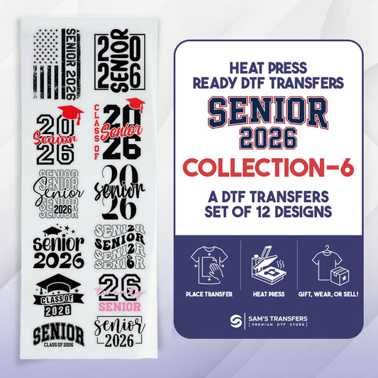 Collection of 'Senior 2026' design transfers with branding on a white background