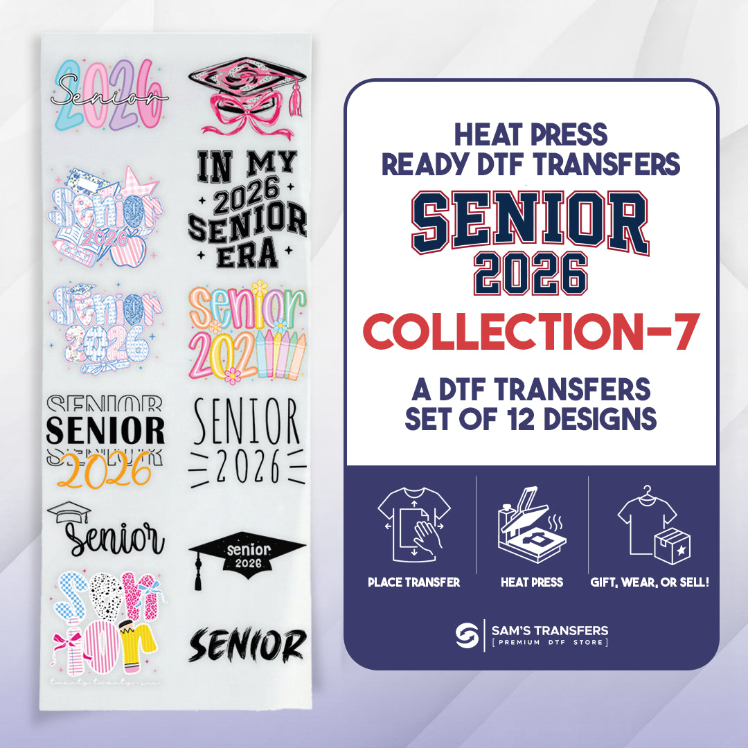 Collection of 'Senior 2026' themed heat press transfers with promotional text on a white background.