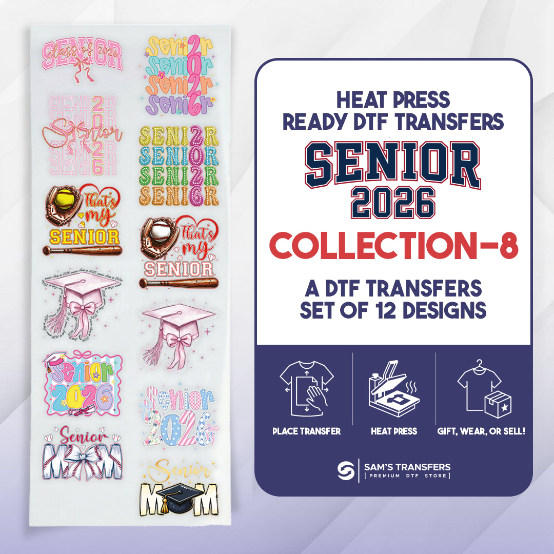 Senior 2026 DTF transfers with packaging on a light gray background