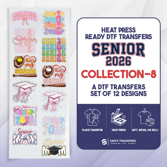 Senior 2026 DTF transfers with packaging on a light gray background