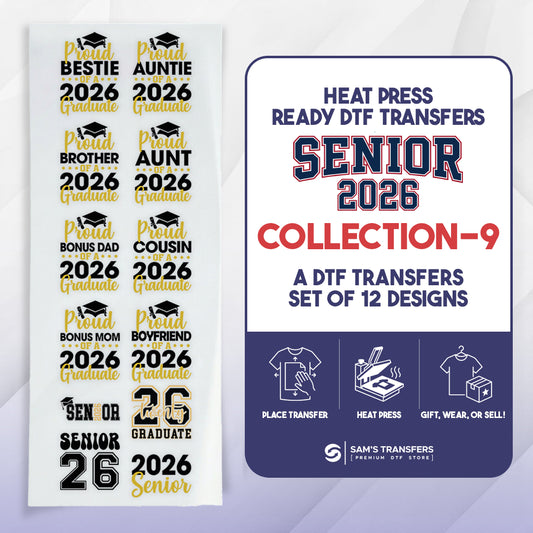 Promotional image of heat press ready DTF transfers for senior 2026 collection with various design options.