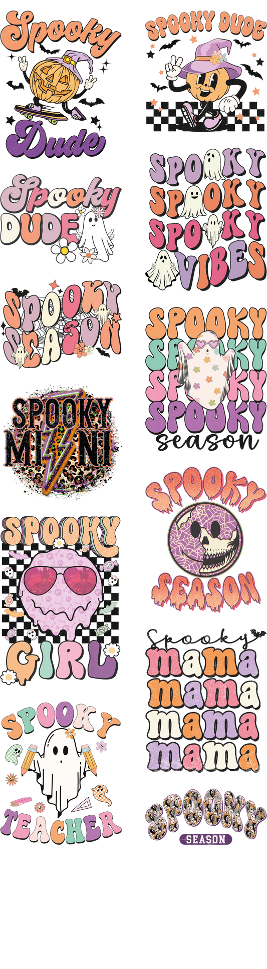 Retro Halloween DTF transfer bundle with 10 designs including Spooky Dude, Spooky Girl, Spooky Mama, and pastel ghosts with vintage lettering on a transparent background, ideal for seasonal apparel.