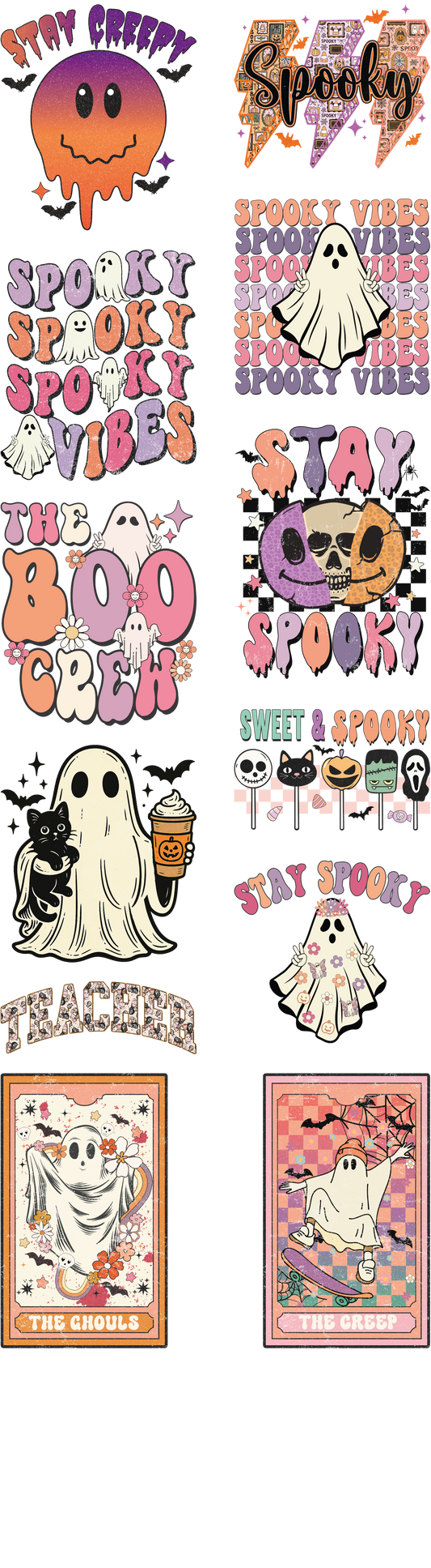 Halloween DTF transfer bundle with 10 retro designs including Stay Creepy, Boo Crew, Spooky Teacher, and ghost illustrations in vintage pastel style on transparent background, perfect for fall apparel.