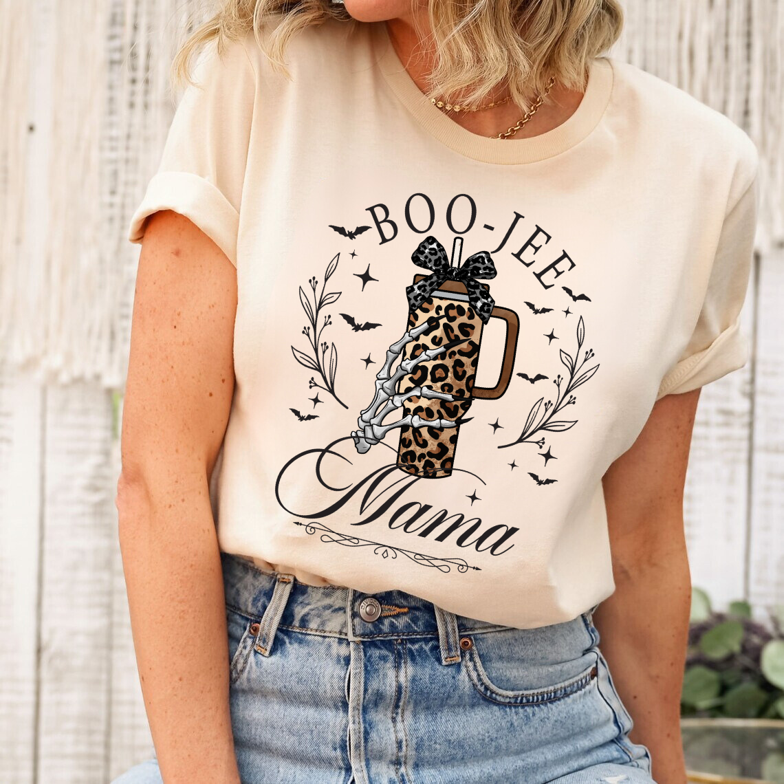 Boo-Jee Mama DTF transfer with leopard print on a cream t-shirt