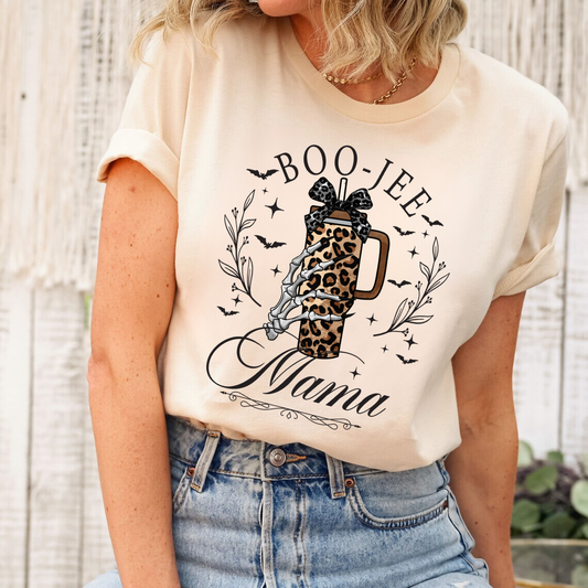 Boo-Jee Mama DTF transfer with leopard print on a cream t-shirt