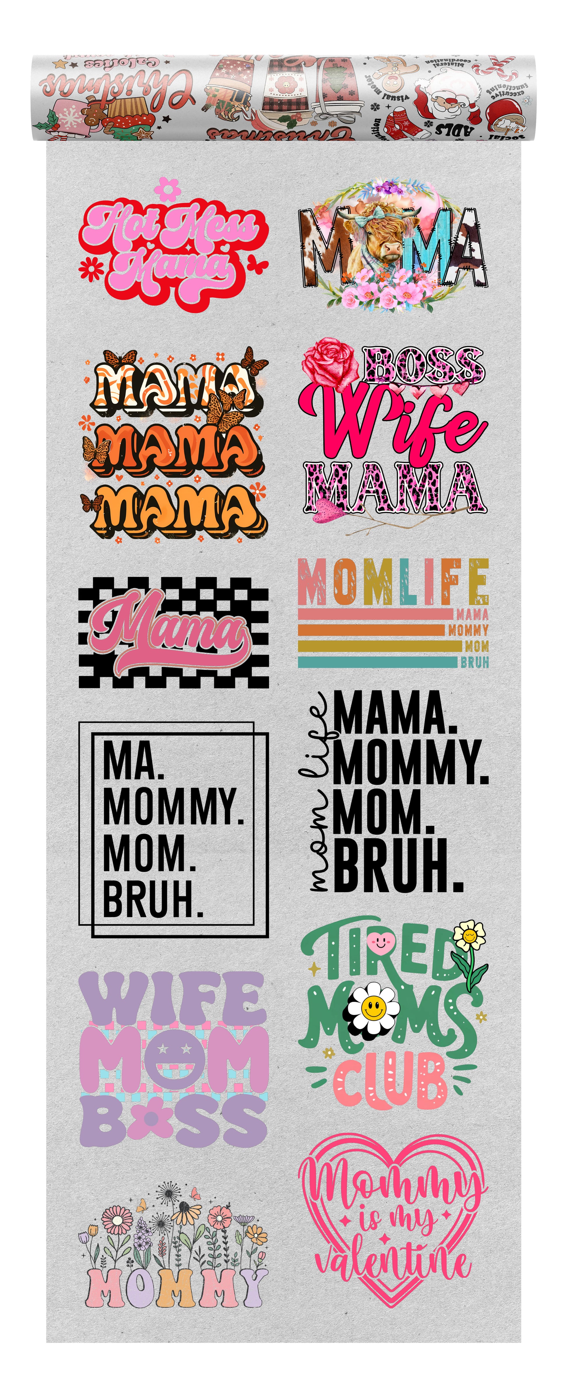 Mama DTF heat transfer bundle featuring 12 trendy ready-to-press designs, including mom life quotes, boss mom graphics, floral prints, and fun motherhood-themed typography.