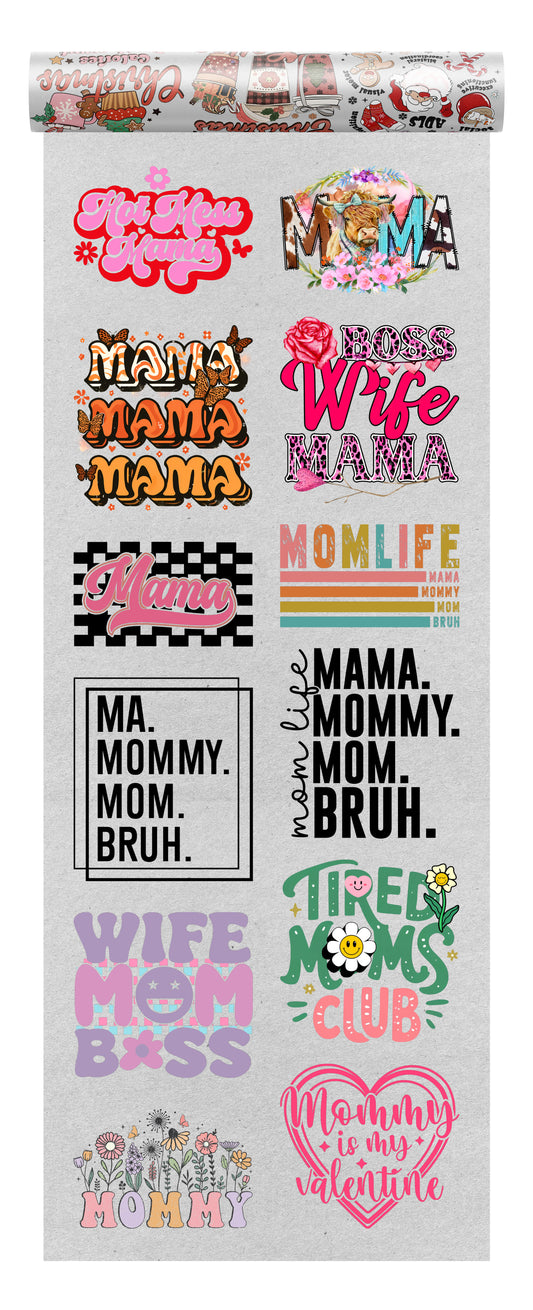 Mama DTF heat transfer bundle featuring 12 trendy ready-to-press designs, including mom life quotes, boss mom graphics, floral prints, and fun motherhood-themed typography.