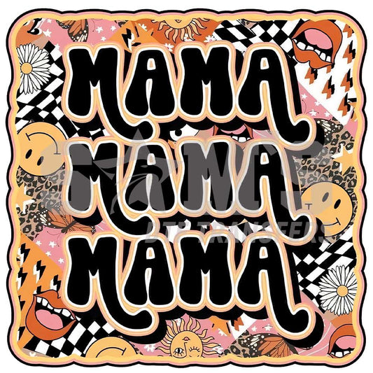 Retro-inspired DTF transfer design with 'MAMA' text surrounded by vintage smiley faces, lightning bolts, and flowers, perfect for Mother's Day.
