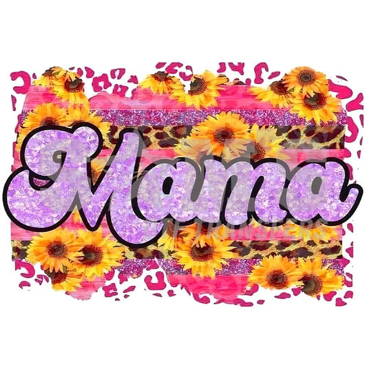Vibrant 'Mama' DTF transfer design with a sunflower background and purple glitter accents for a cheerful Mother's Day.